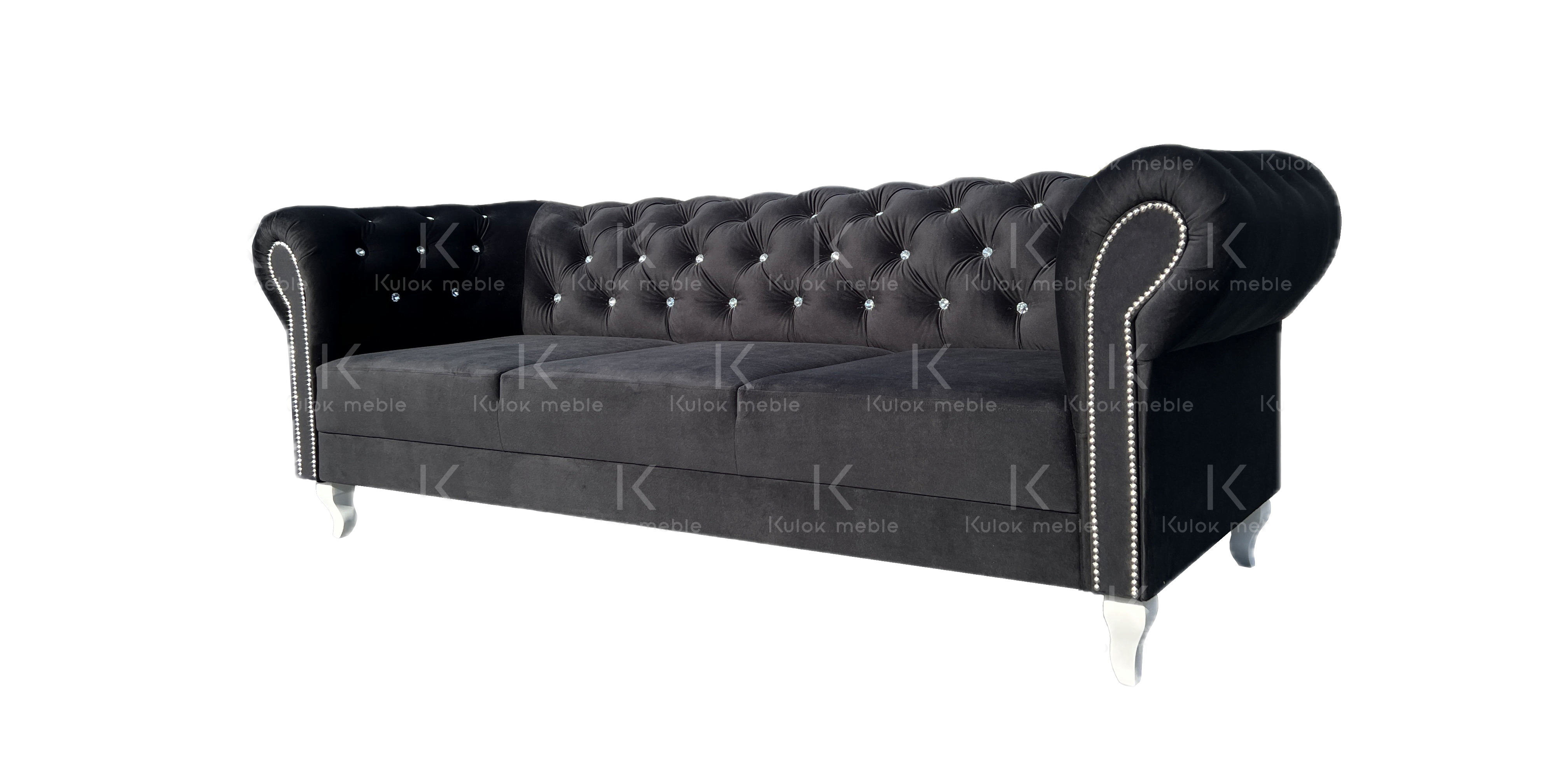 Czarna glamour sofa na wysokich nogach z kryształami velvet 